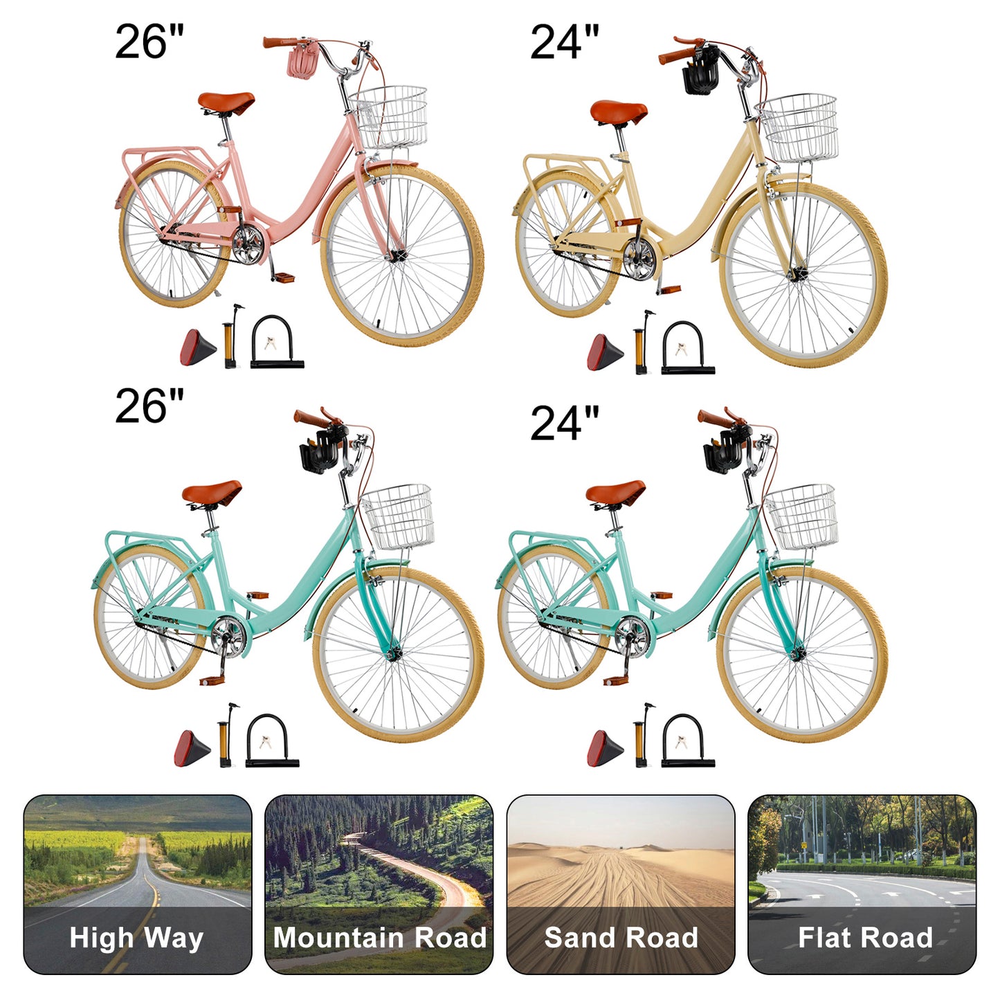 24/26 inch Women City Bicycle Beach Cruiser Bike with Basket & Rack