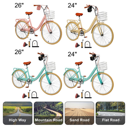 24/26 inch Women City Bicycle Beach Cruiser Bike with Basket & Rack