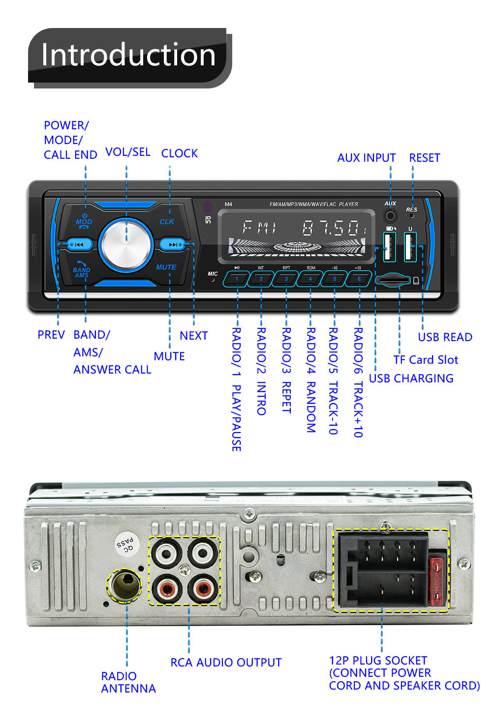 M4 Bluetooth Autoradio 1 Din Car Radio Stereo MP3 Player USB AUX FM AM RDS DAB+
