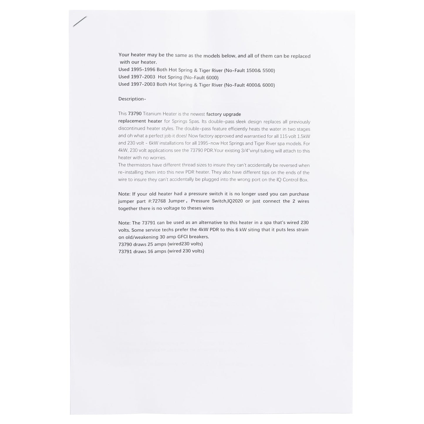 No-Fault Titanium Spa Heater for Hot Spring/Watkins/Caldera/Tiger River 73790-6KW