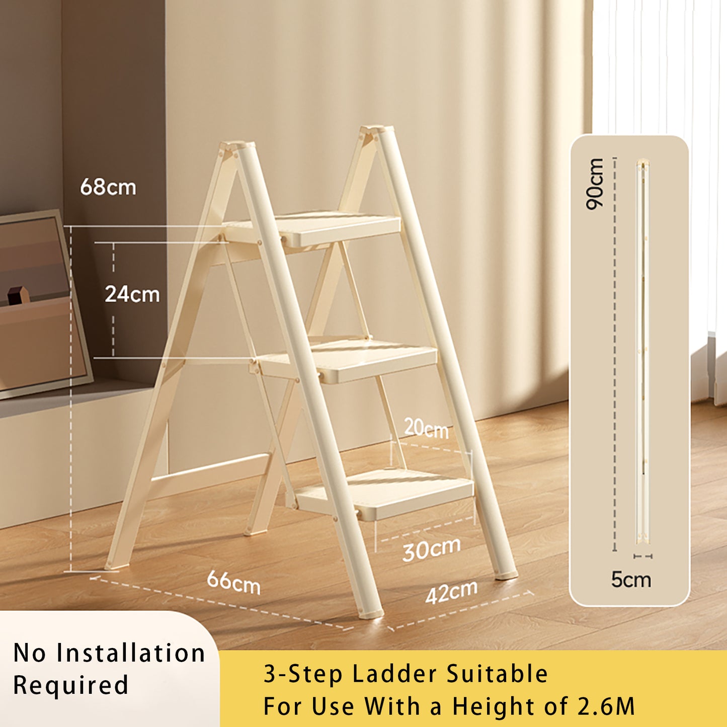 3-Step Folding Stepladder with Wide Anti-Slip Pedals, 330 lbs Capacity Lightweight Step Stool for Home & Kitchen (Cream White)