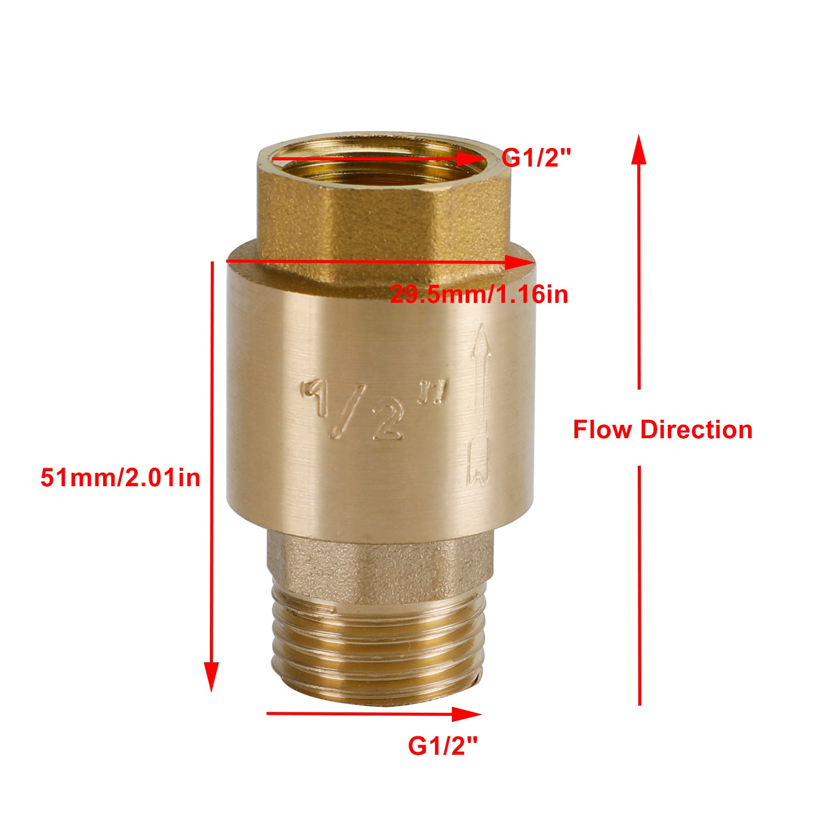 Brass Check Valve G1/2 51x30mm Male Female Thread Non-Return Backflow Prevention