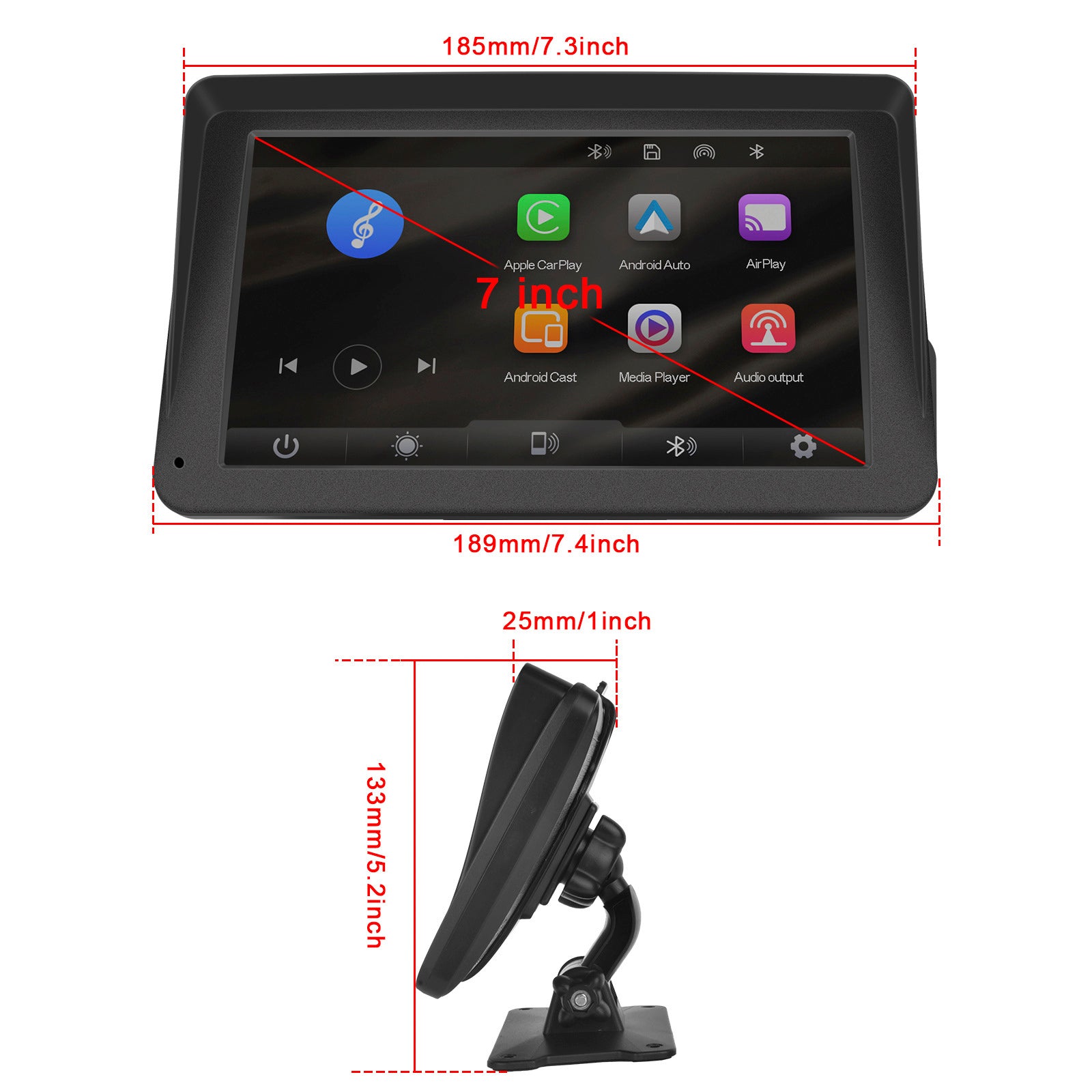 7-inch Car Display Screen Apple CarPlay Android Auto Apple AirPlay 12 LED Camera
