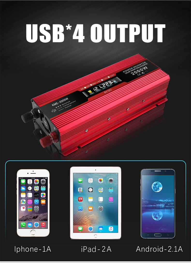Car Power Converter Inverter DC 12V To AC 220V LCD 2000W Charger Transformer