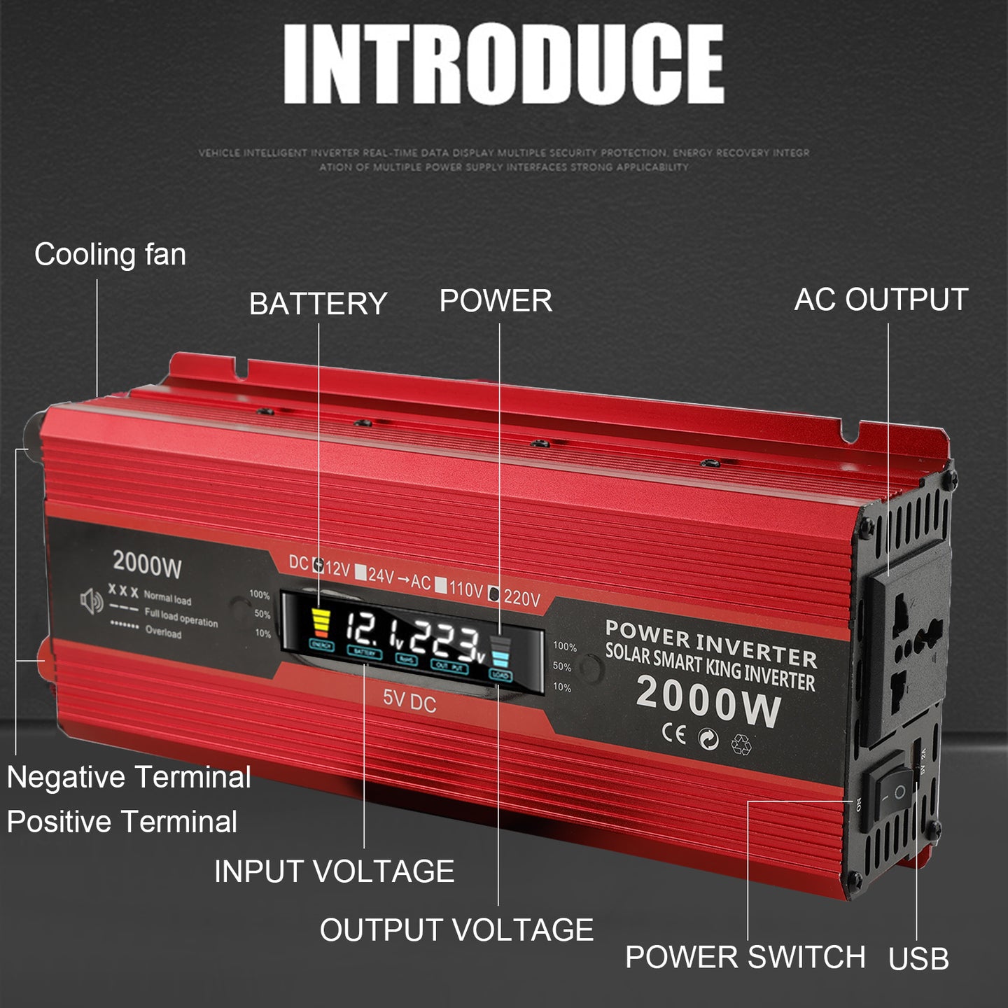 Car Power Converter Inverter DC 12V To AC 220V LCD 2000W Charger Transformer