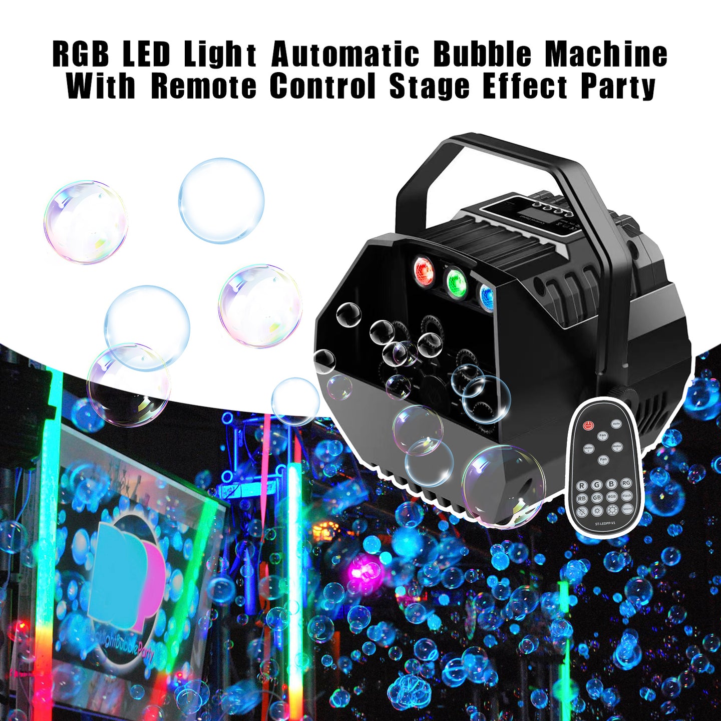 RGB LED Bubble Machine with Remote – Automatic Stage Effect Party Light