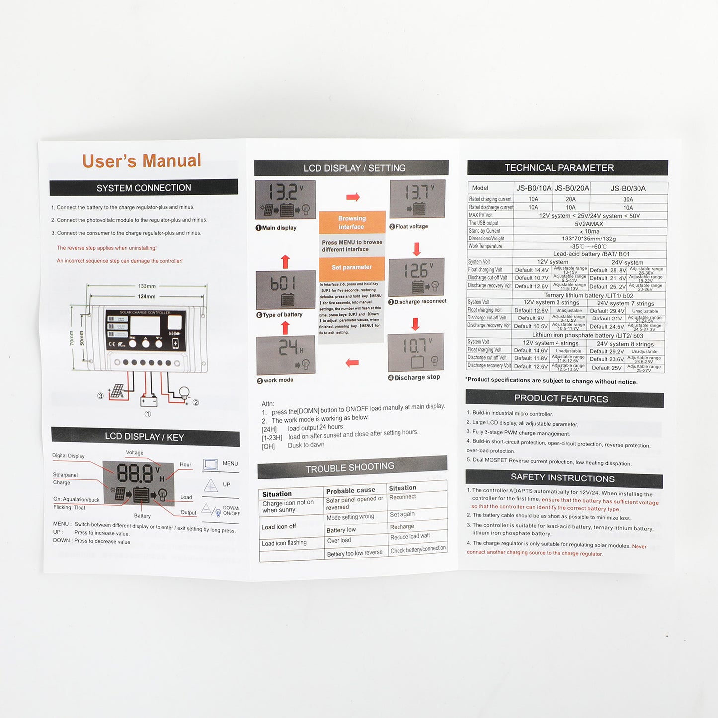 10A PWM Solar Charge Controller 12V/24V PV Regulator for LiFePO4, Lead Acid & Gel Batteries
