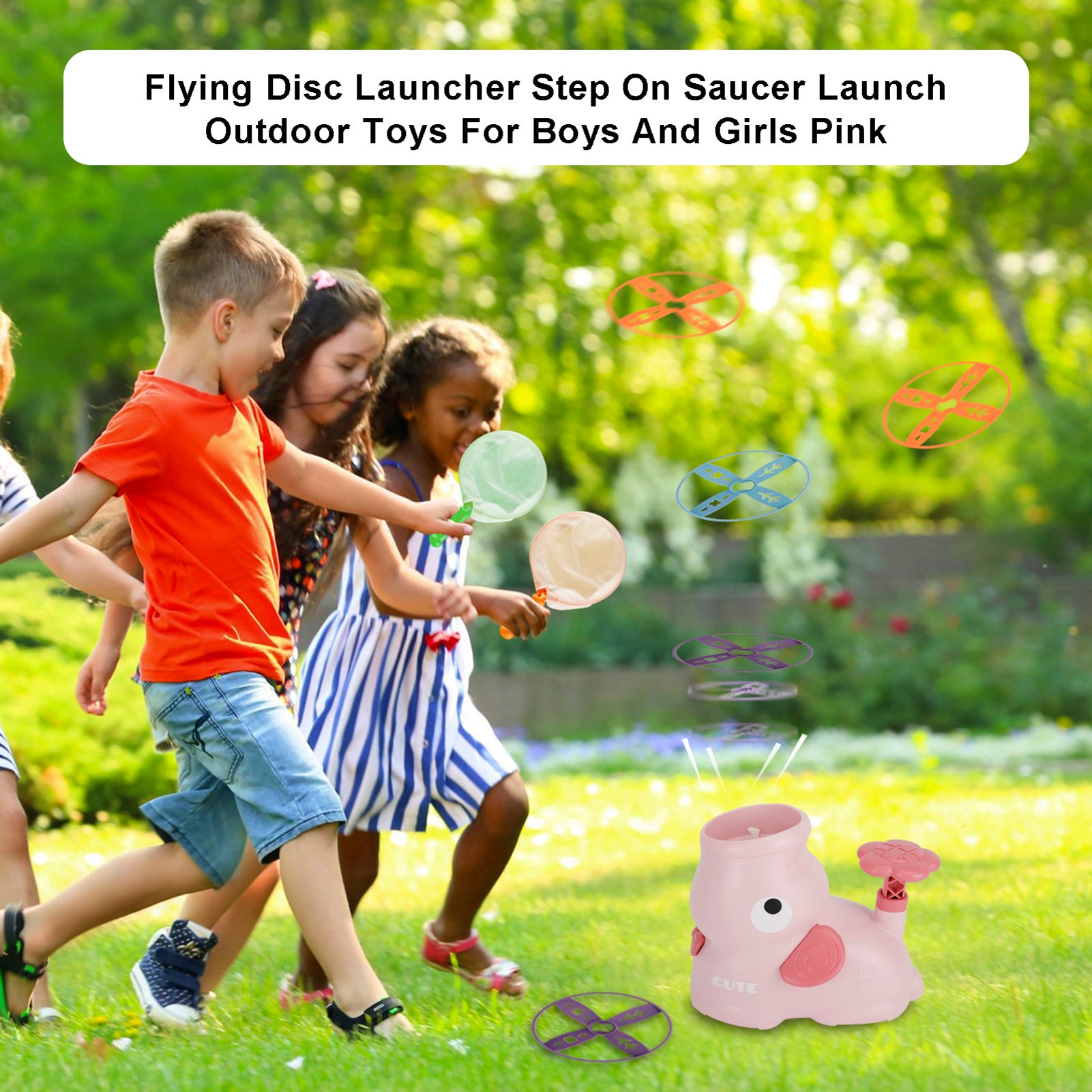 Flying Disc Launcher Step On Saucer Launch Outdoor Toys For Boys And Girls Pink