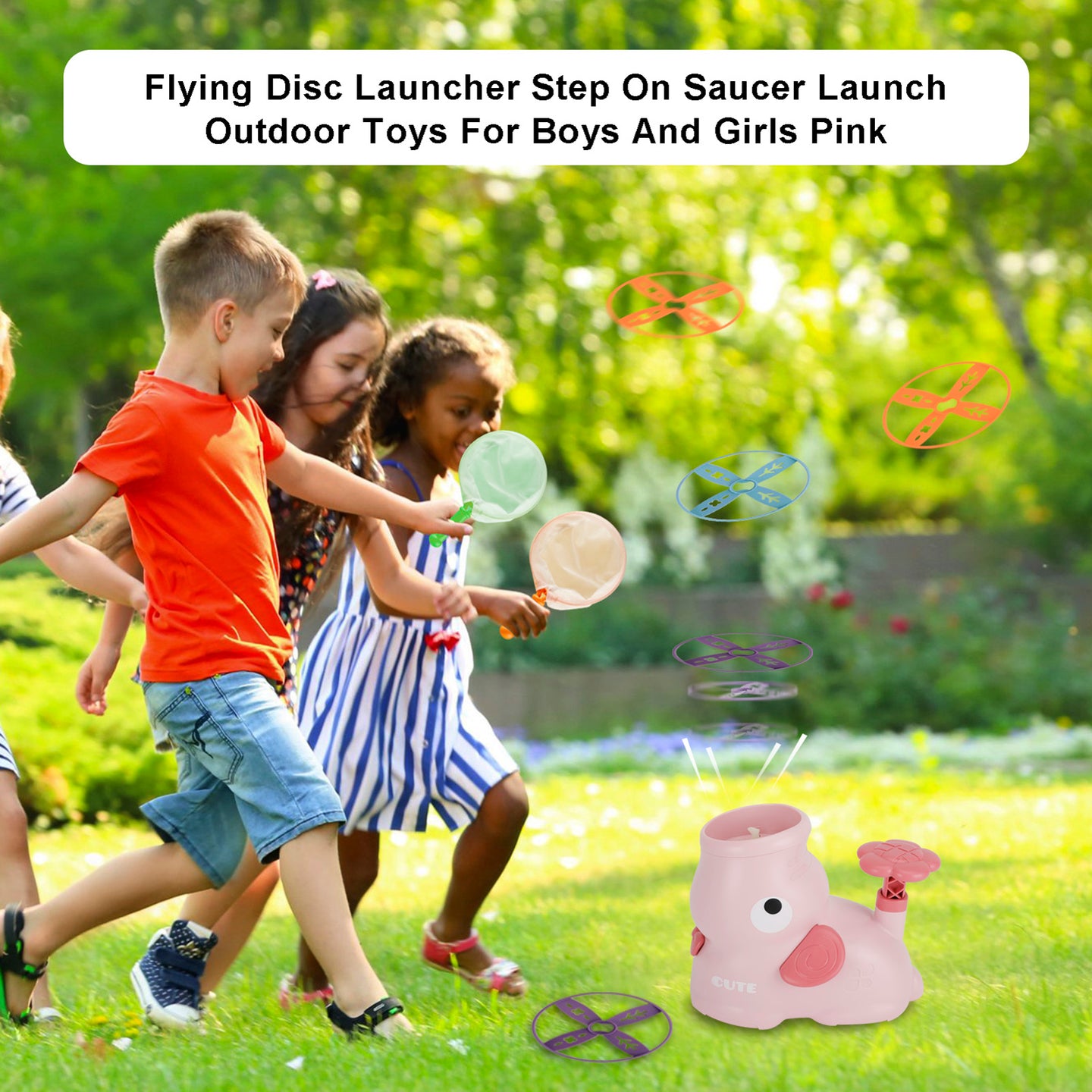 Flying Disc Launcher Step On Saucer Launch Outdoor Toys For Boys And Girls Pink