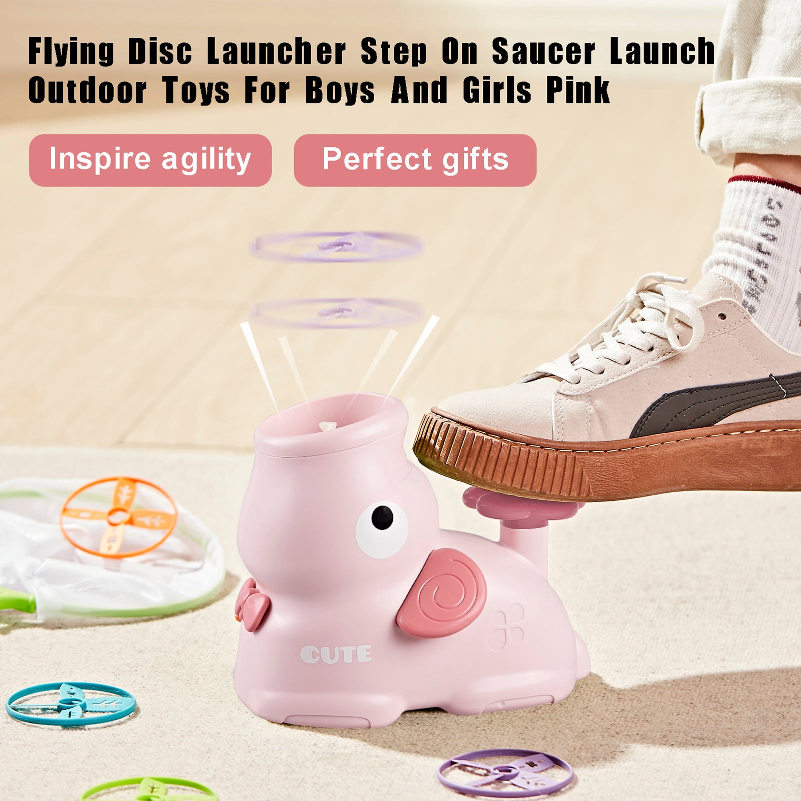 Flying Disc Launcher Step On Saucer Launch Outdoor Toys For Boys And Girls Pink