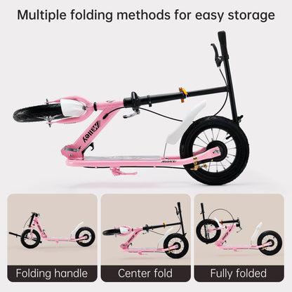 Fold Commuter Scooter Shock Absorbing 12 inch Rubber Air Tires Pink
