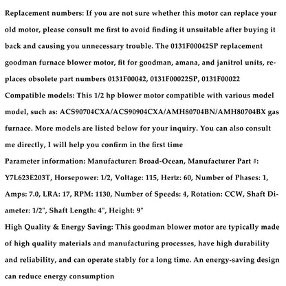 0131F00042SP Blower Motor 1/2HP 115V 1130RPM for Goodman Amana janitrol Units