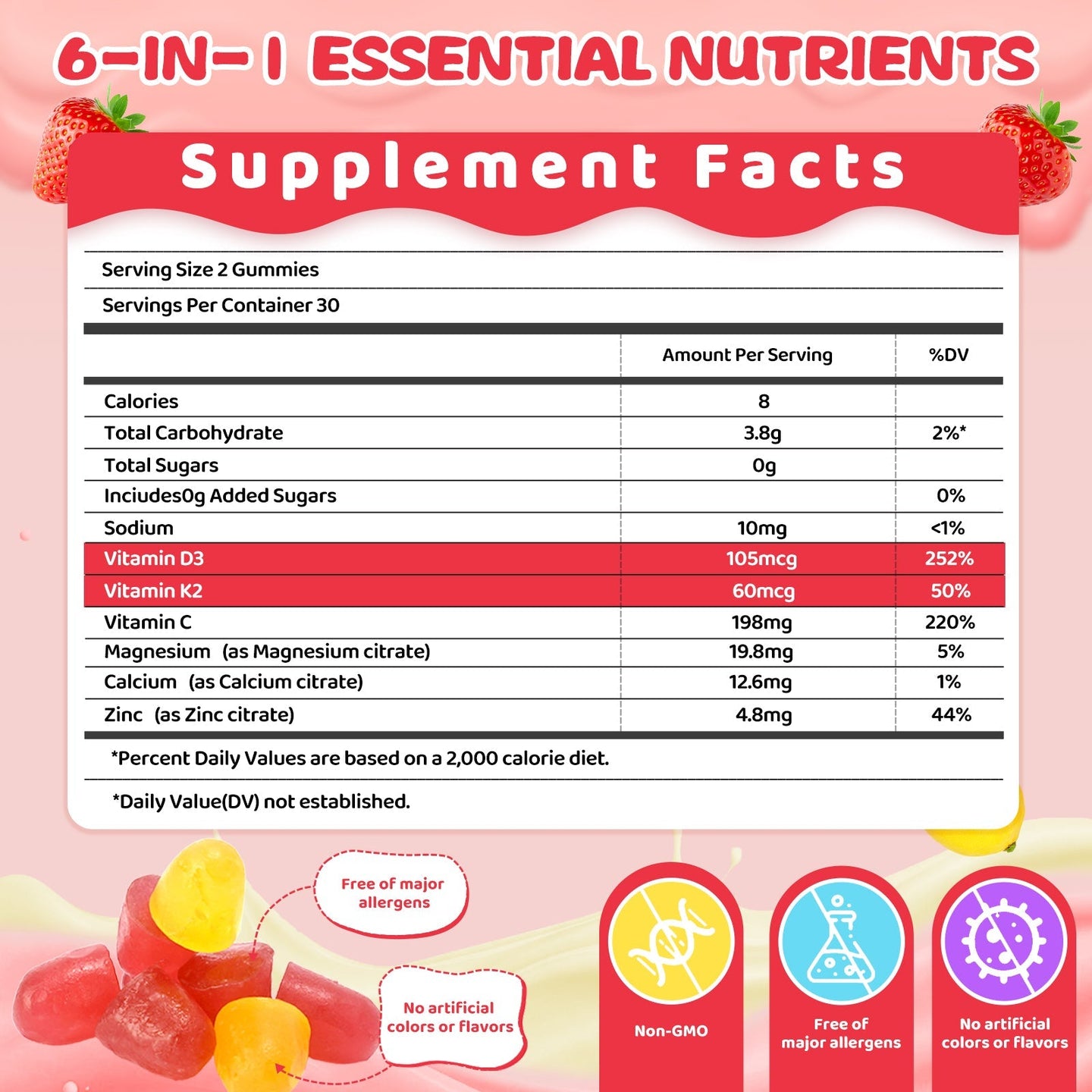 Topteng  Vitamin D3 K2 Gummies with Vitamin C Sugar-Free Omega-3
