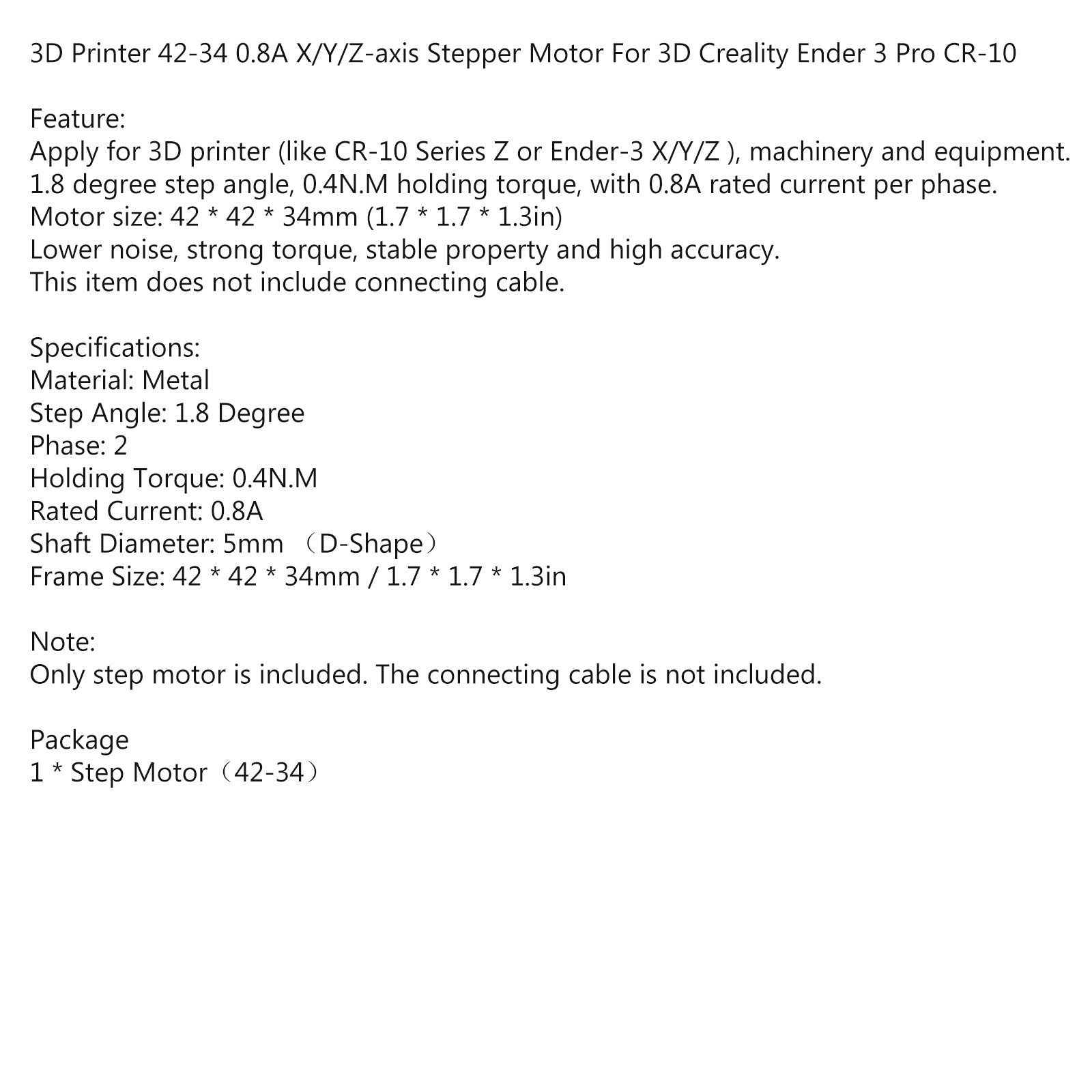 3D Accessories Printer 42-34 42mm RepRap Stepper Motor Torque For Ender 3 CR-10