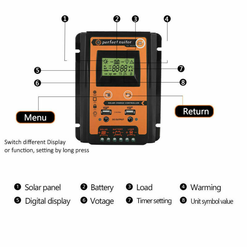 Battery Panel Dual USB 12/24V Solar Charger Controller 70A Regulator
