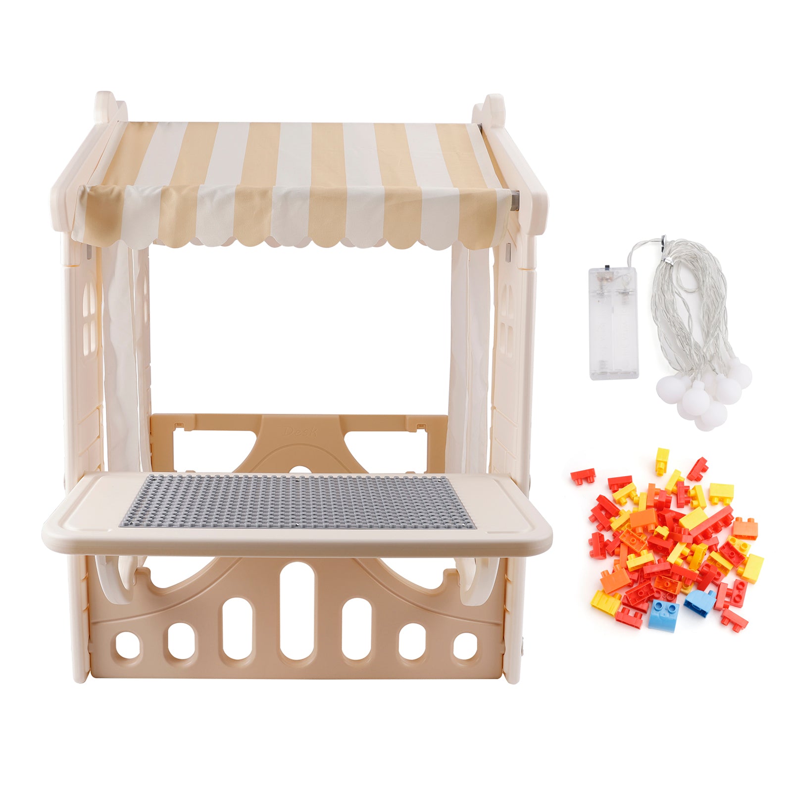 Kids Playhouse with Lights & Building Blocks, Foldable Plastic Outdoor Play Tent for Toddlers & Backyard Fun