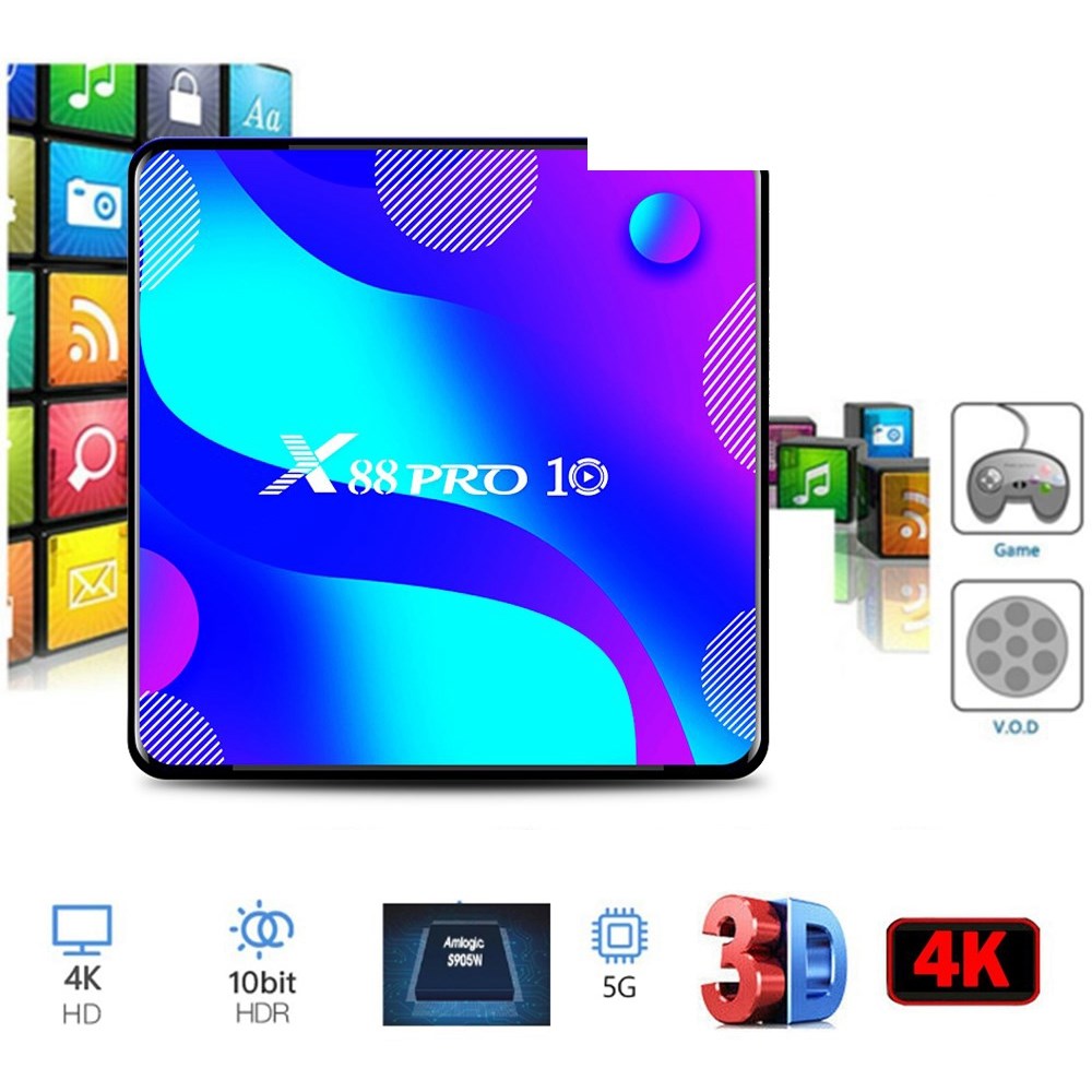 X88 Pro 10 Android 11 TV Box, 2GB RAM 16GB ROM, RK3318 Quad-Core, 4K, Dual-Band WiFi, Bluetooth, USB 3.0