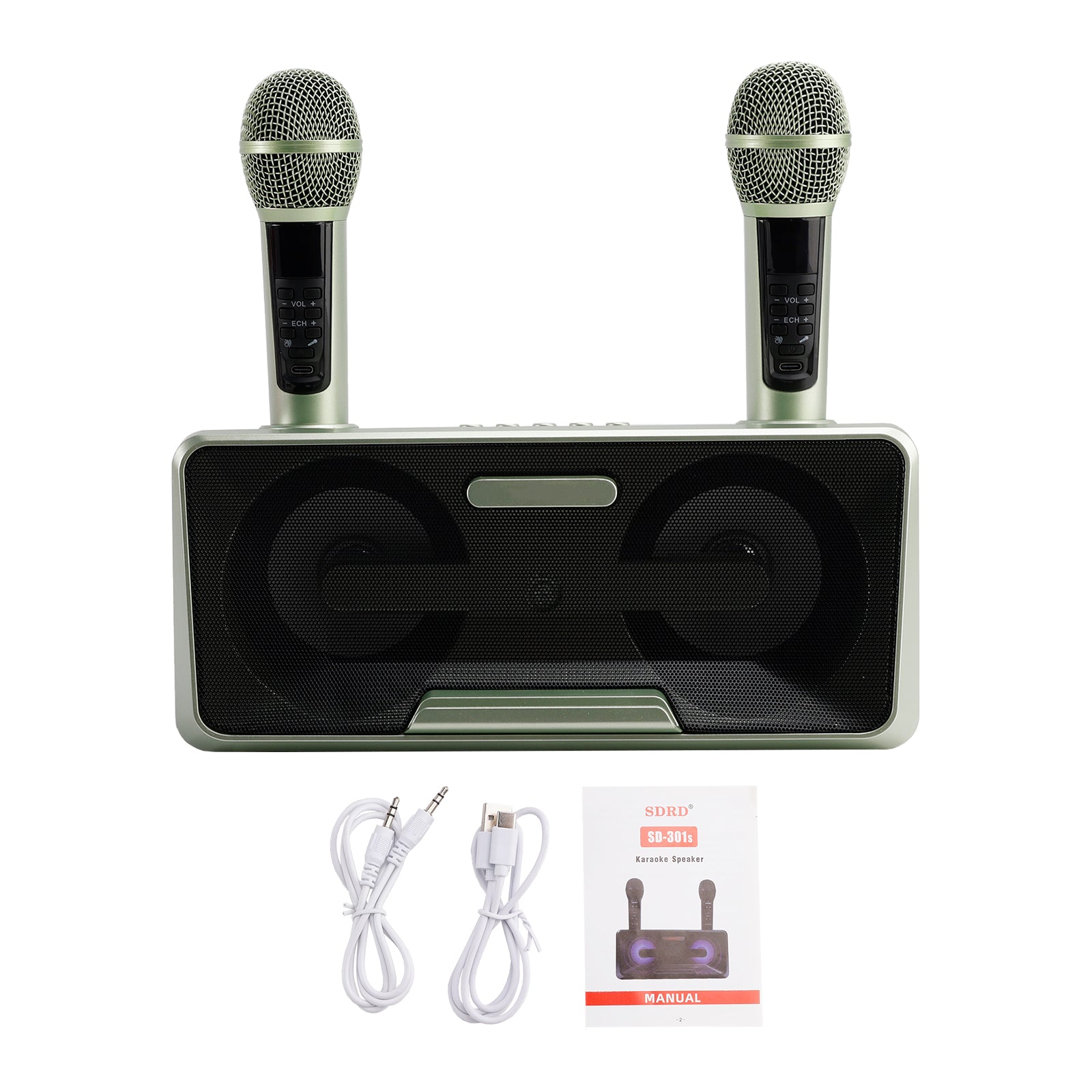 Portable Karaoke Machine with 2 Wireless Microphones, 20W Bluetooth Speaker System for Kids & Adults, Home Party (Green)
