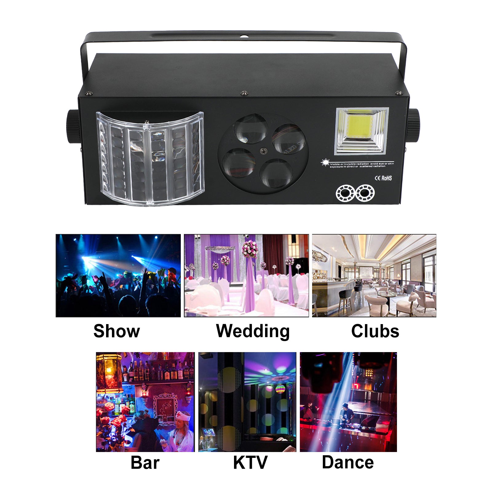 4-in-1 LED DJ Party Light with RGBW Pattern, Laser & Strobe Effects, DMX & Remote Controlled Stage Lighting