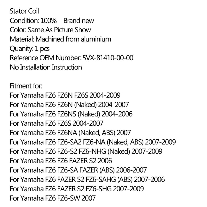 04-09 Yamaha FZ6 FZ6N FZ6S FZ6S FAZER S2 Magneto Generator Stator Coil