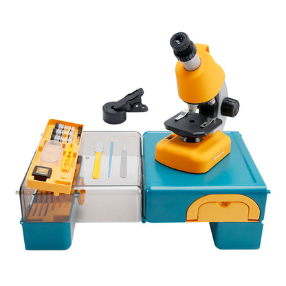 100X-1200X Kids Microscope Kit with Phone Adapter, Dual LED Light & Slides, Beginner STEM Science Toy for Homeschool (Yellow)