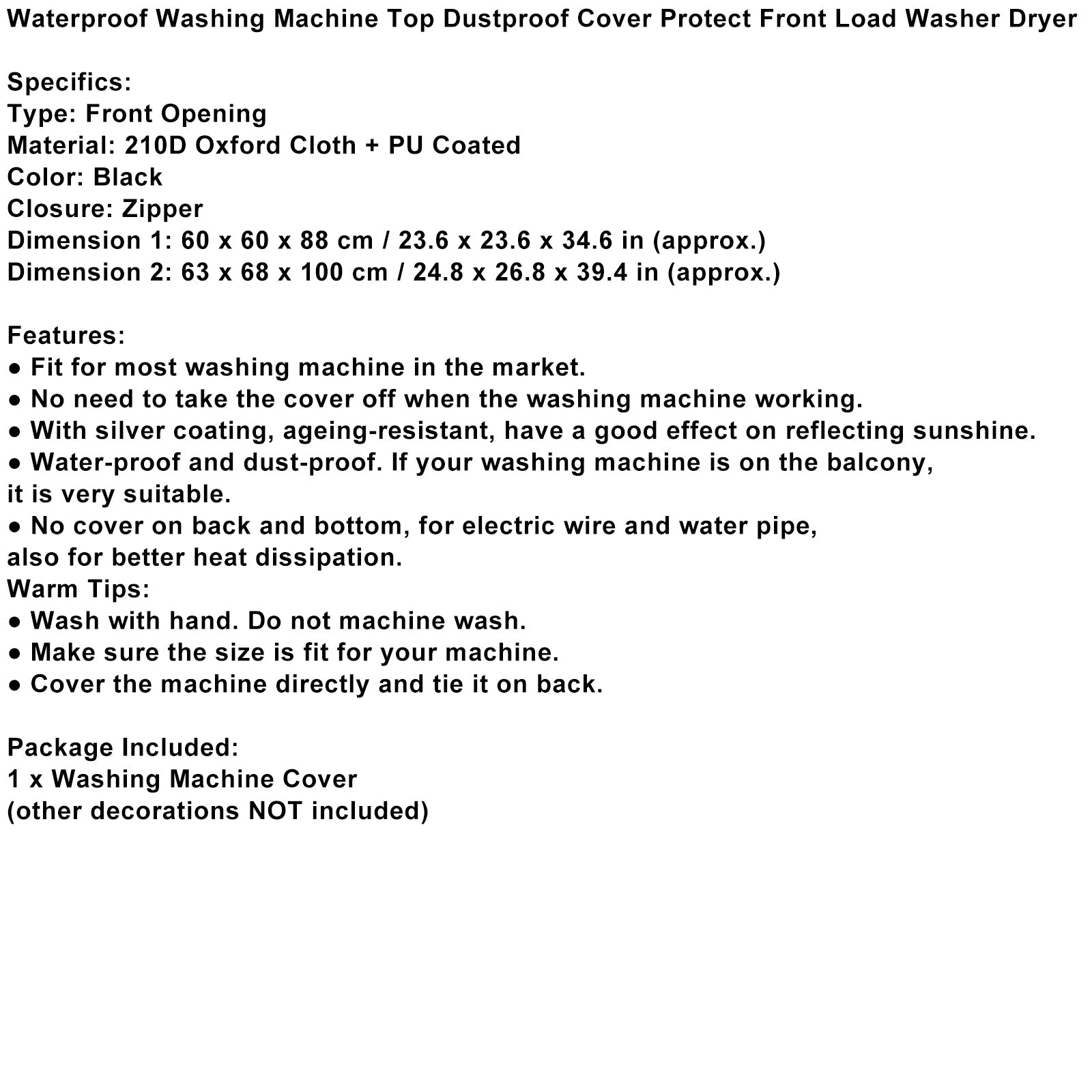 Waterproof Washing Machine Top Dustproof Cover Protect Front Load Washer Dryer, 63x68x100cm