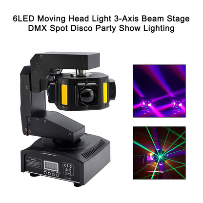 6 LED Moving Head Light – 3-Axis Beam DMX Stage Spot for DJ, Disco, Party & Show Lighting