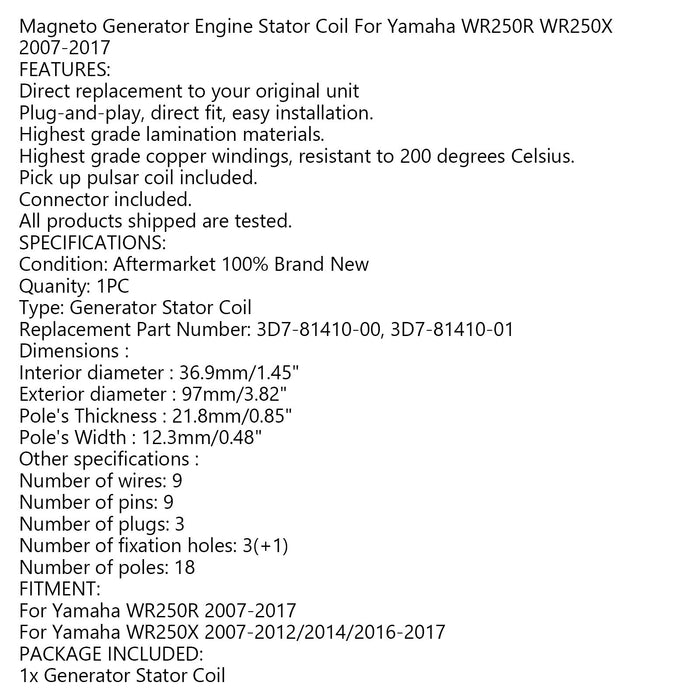 2007-2017 Yamaha WR250R WR250X 3D7-81410-00 3D7-81410-01 Generator Stator