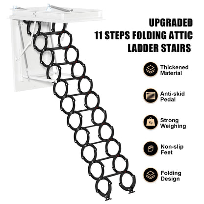 11-Step Folding Attic Ladder for 39.4" x 27.5" Opening, 660 lbs Capacity Pulldown Ceiling Stairs, up to 9.84ft Floor Height (Upgraded)