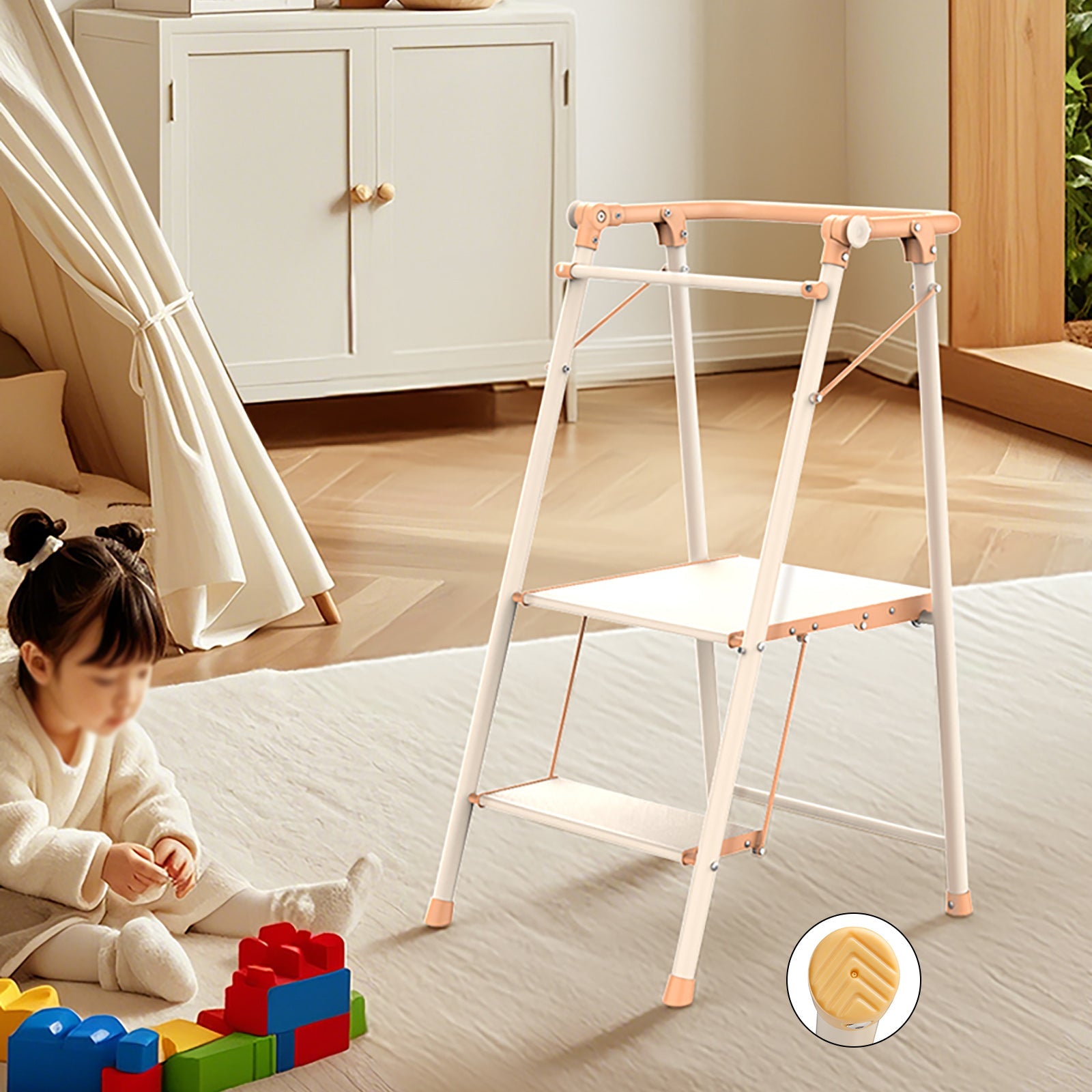 Folding 2-Step Stool with Safety Rails for Kids & Adults, Counter Height Kitchen Helper, Portable, 225lb Capacity