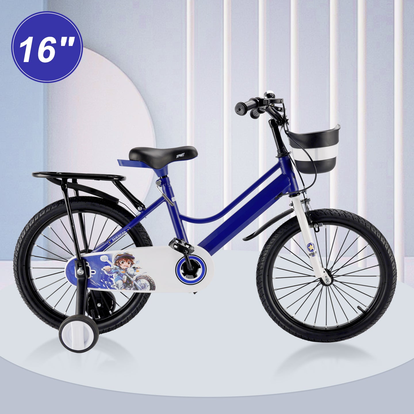 16" Kids Bike for Boys and Girls with auxiliary wheels & Rack Dark Blue