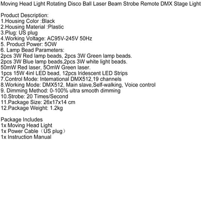 4-in-1 LED Moving Head DJ Light with Laser, Strobe, RGBW Beam & Magic Ball Effects, DMX Stage Lighting for Parties