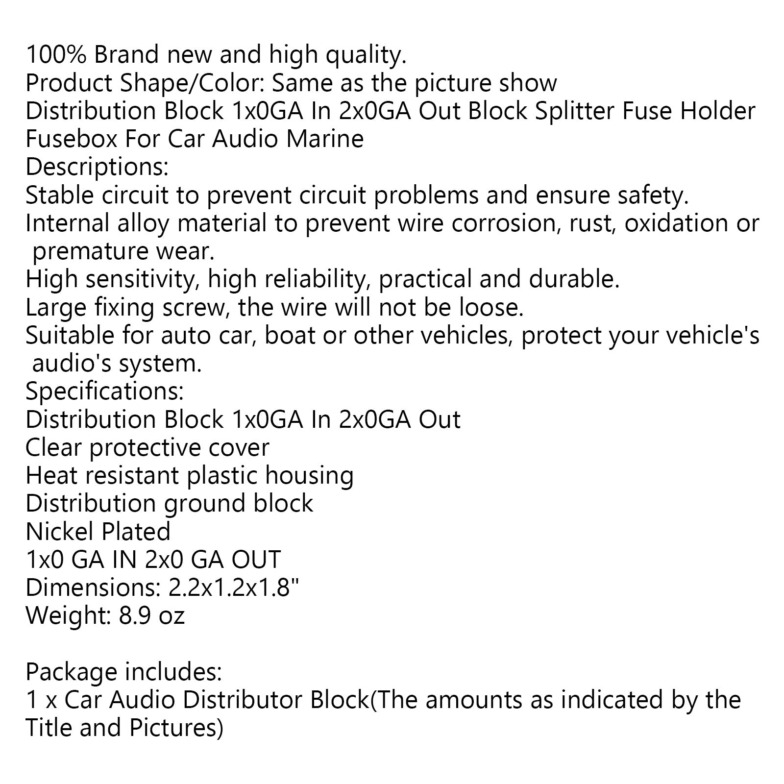 Plastic housing Distribution Block 1x0 In 2x0 GA Out Block Splitter Fusebox Heat resistant Splitter Nickel Plated Clear Cover for Car Audio Marine