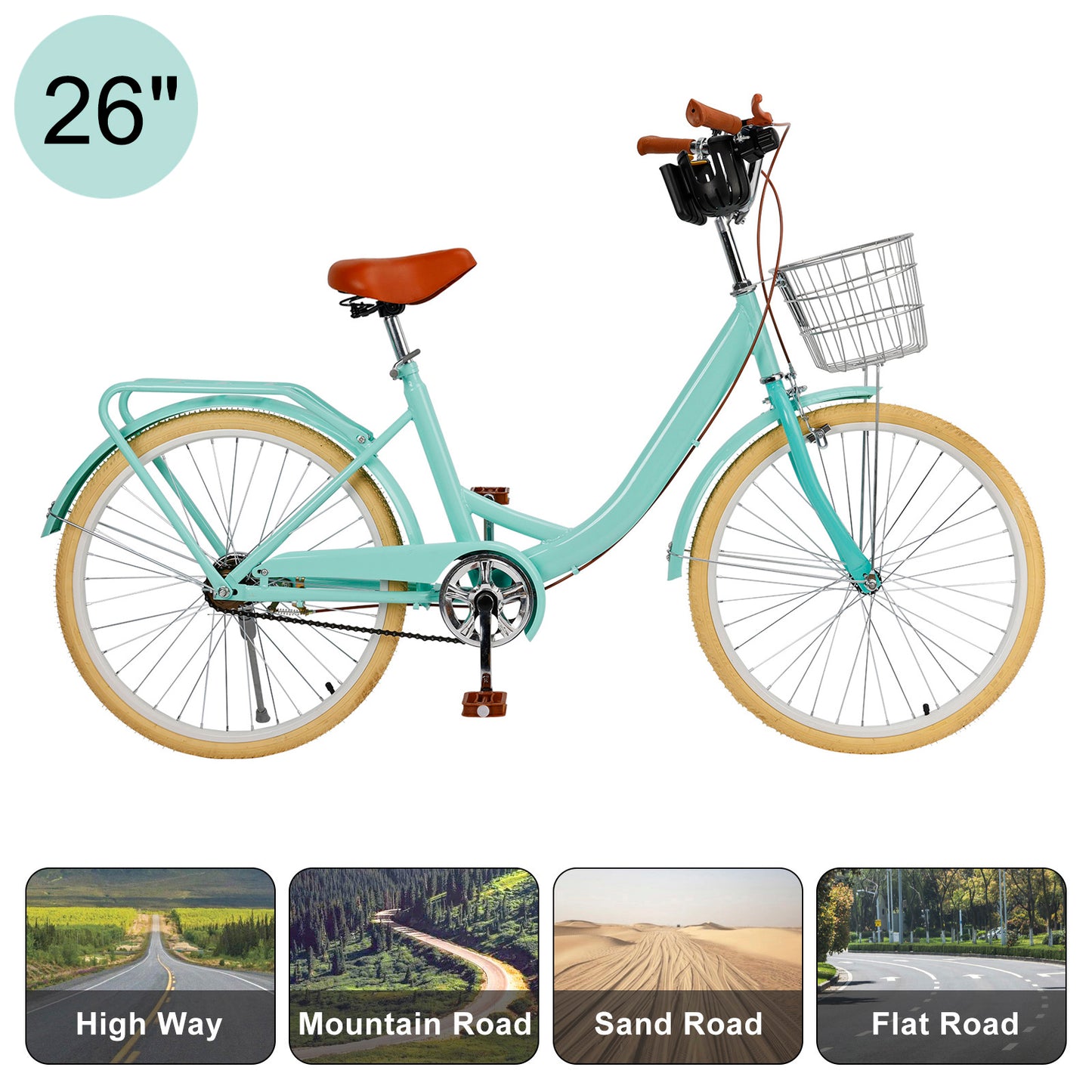 24/26 inch Women City Bicycle Beach Cruiser Bike with Basket & Rack