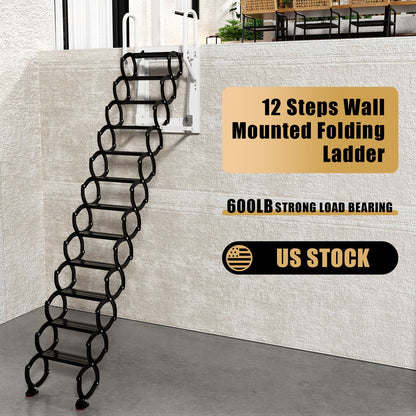 12-Step Folding Attic Ladder for 27.6" x 23.6" Wall Opening, 600 lbs Capacity Pull-Down Loft Stairs, up to 9.84ft Ceiling Height (Black)