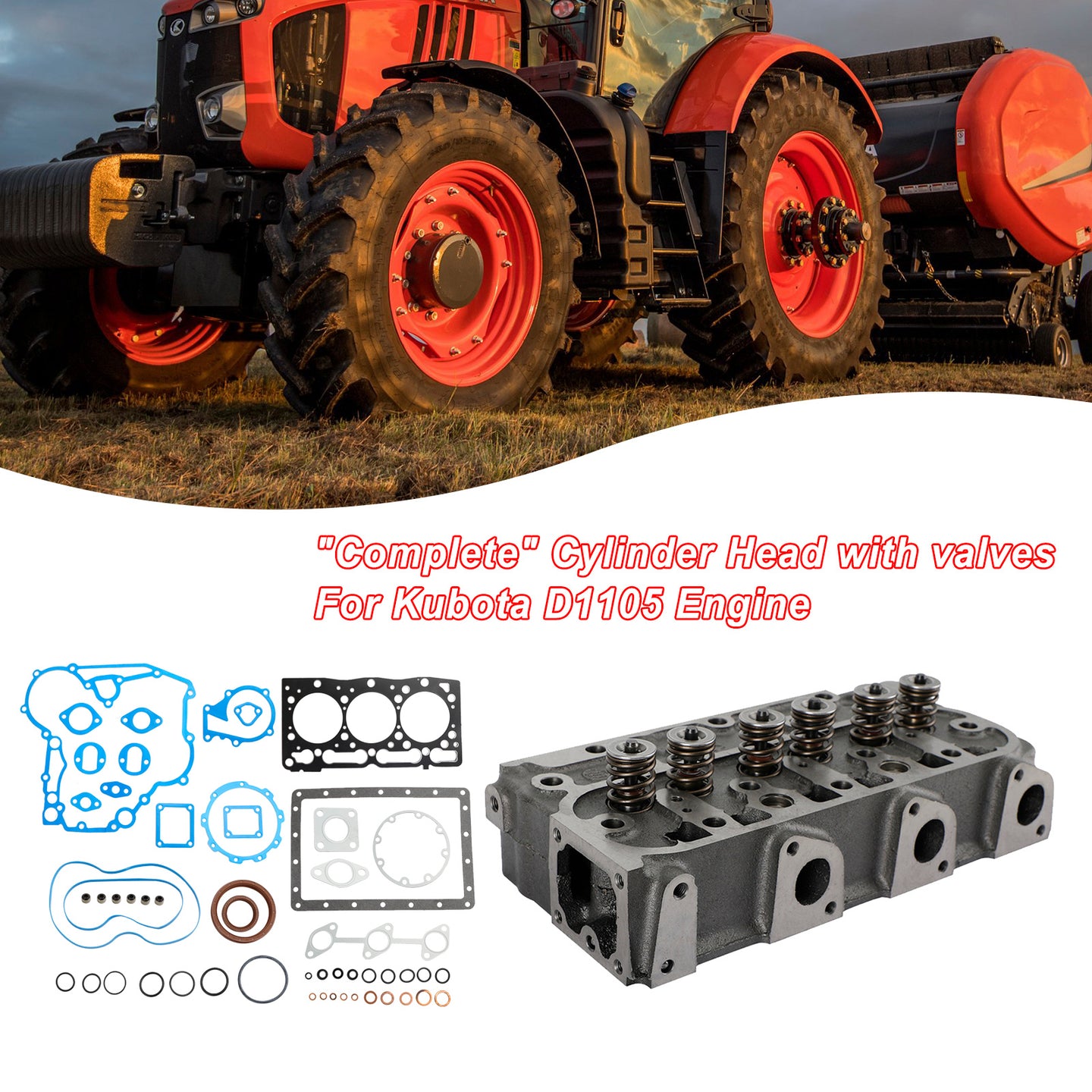 Complete Cylinder Head Kit for Kubota D1105 Engine, with Full Gasket Set & Valves, Fits RTV1100, K008 & B2410