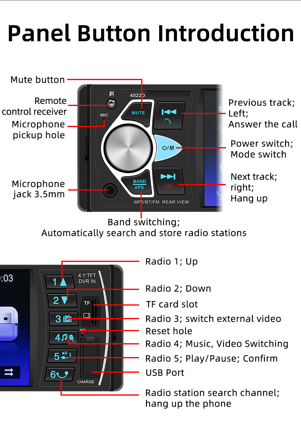 4.1 Inches Car Radio Stereo 1DIN Bluetooth FM USB AUX Audio MP5 Player + Camera