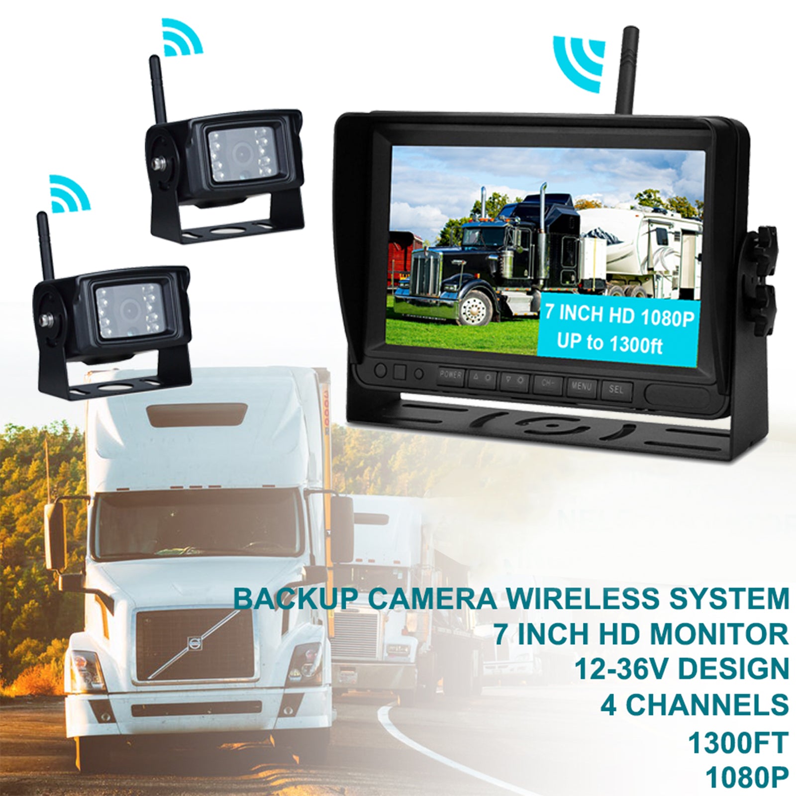 7inch Display AHD 1080P Wireless 2CH Rear View Backup Camera Kit for Truck Trailer