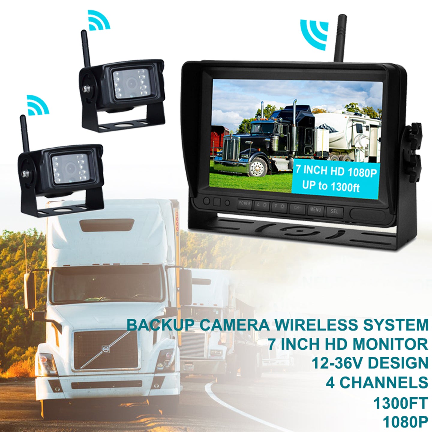 7inch Display AHD 1080P Wireless 2CH Rear View Backup Camera Kit for Truck Trailer