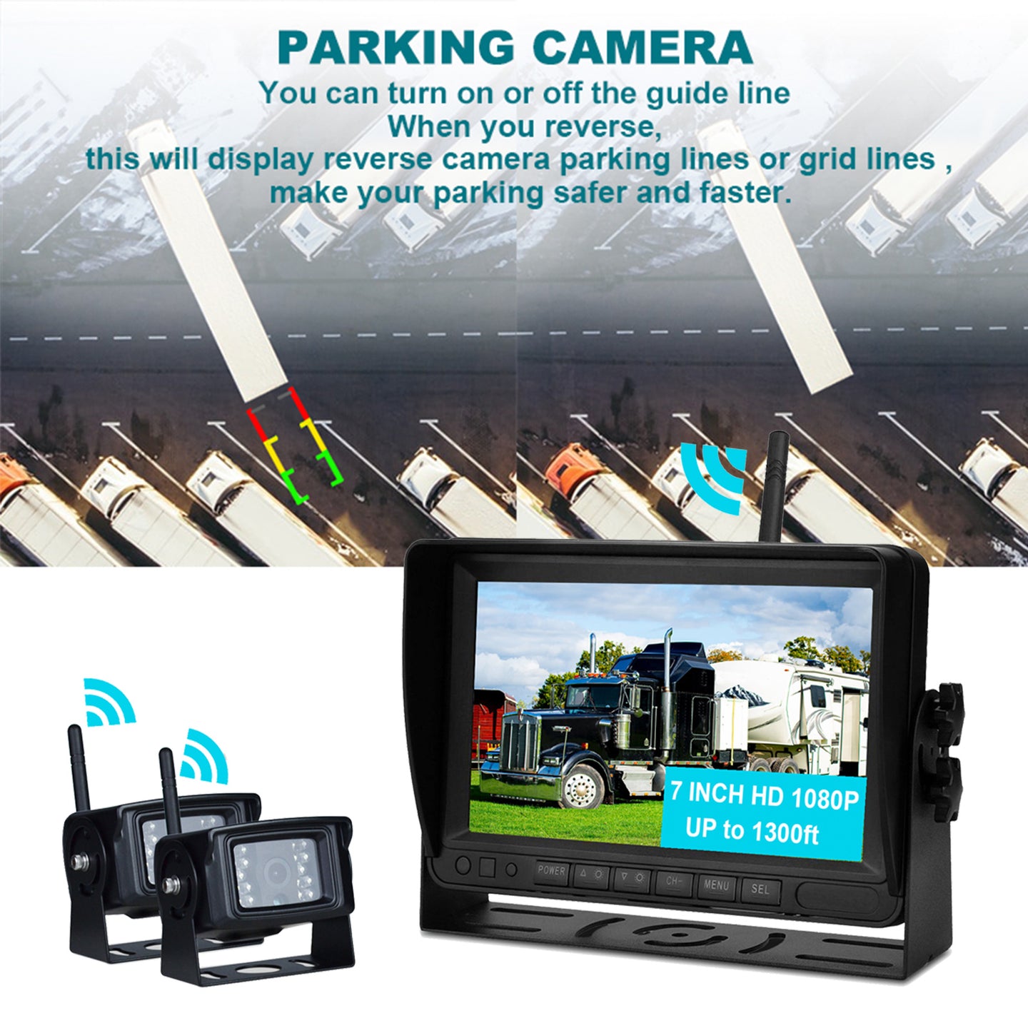 7inch Display AHD 1080P Wireless 2CH Rear View Backup Camera Kit for Truck Trailer