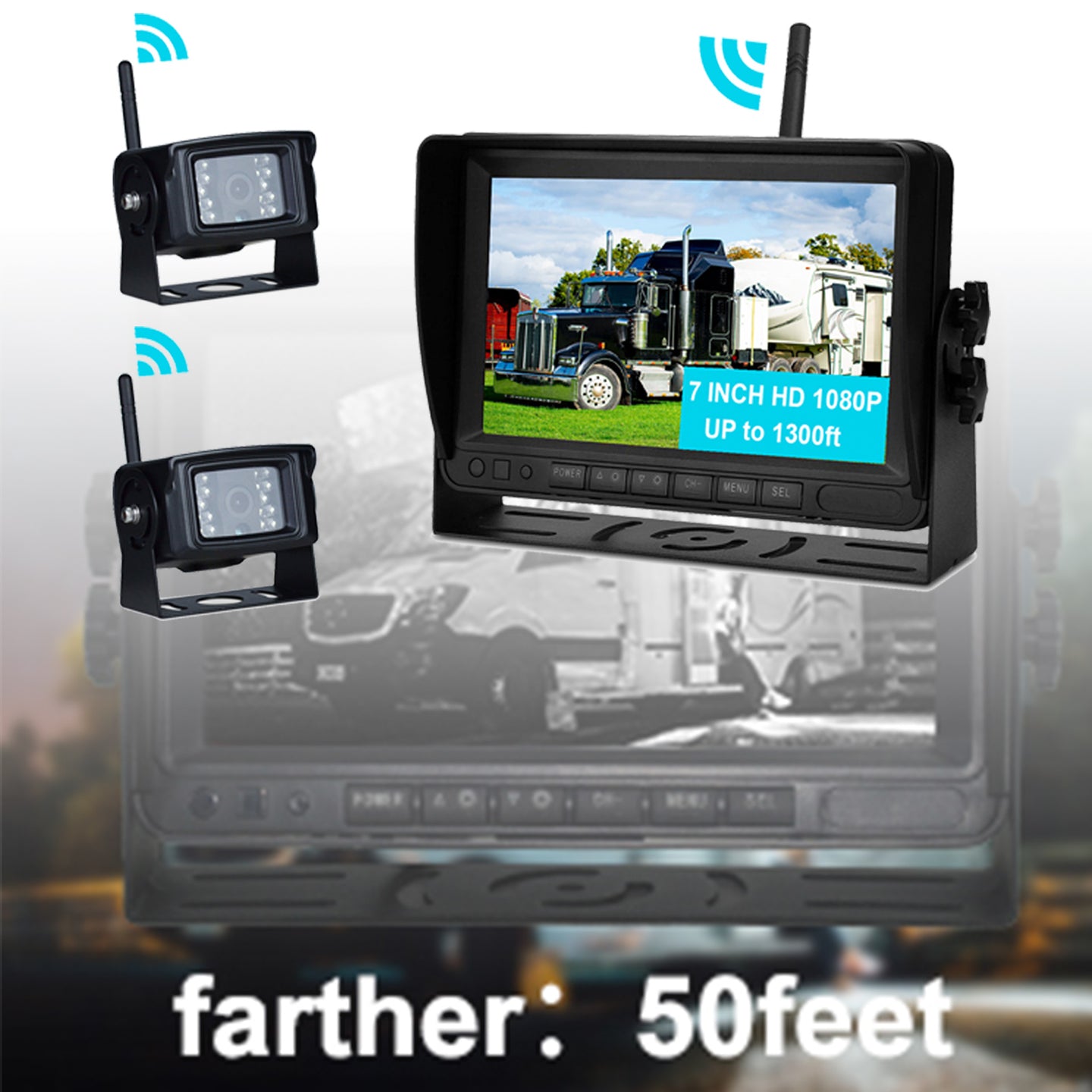 7inch Display AHD 1080P Wireless 2CH Rear View Backup Camera Kit for Truck Trailer
