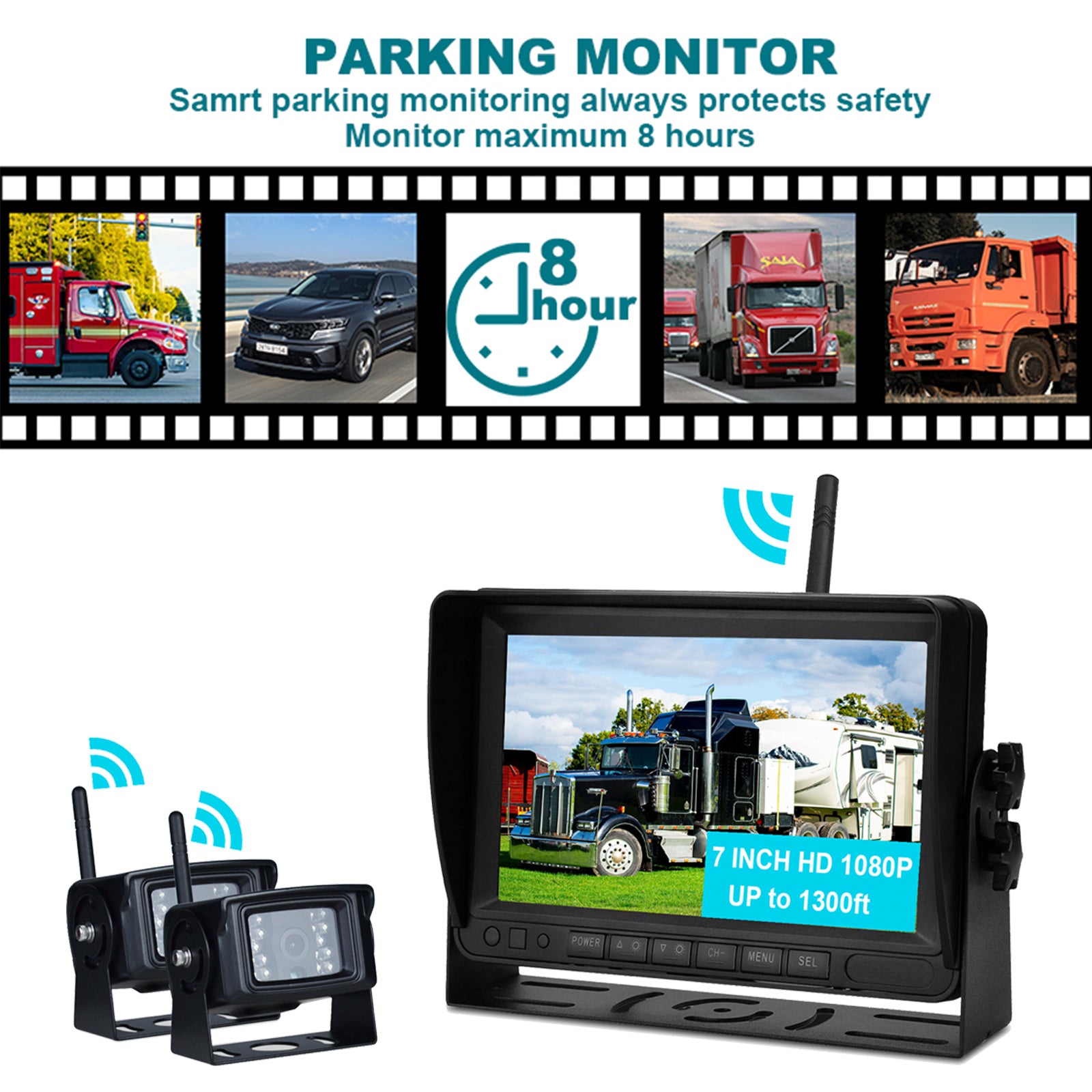 7inch Display AHD 1080P Wireless 2CH Rear View Backup Camera Kit for Truck Trailer