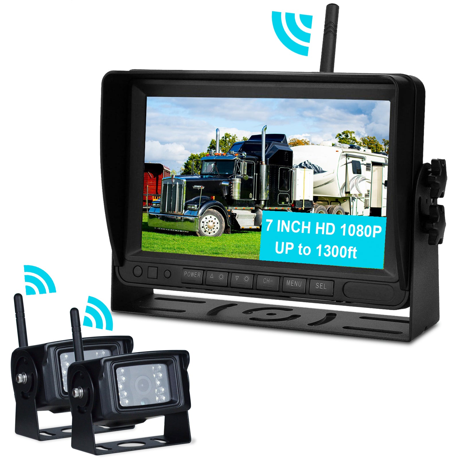 7inch Display AHD 1080P Wireless 2CH Rear View Backup Camera Kit for Truck Trailer