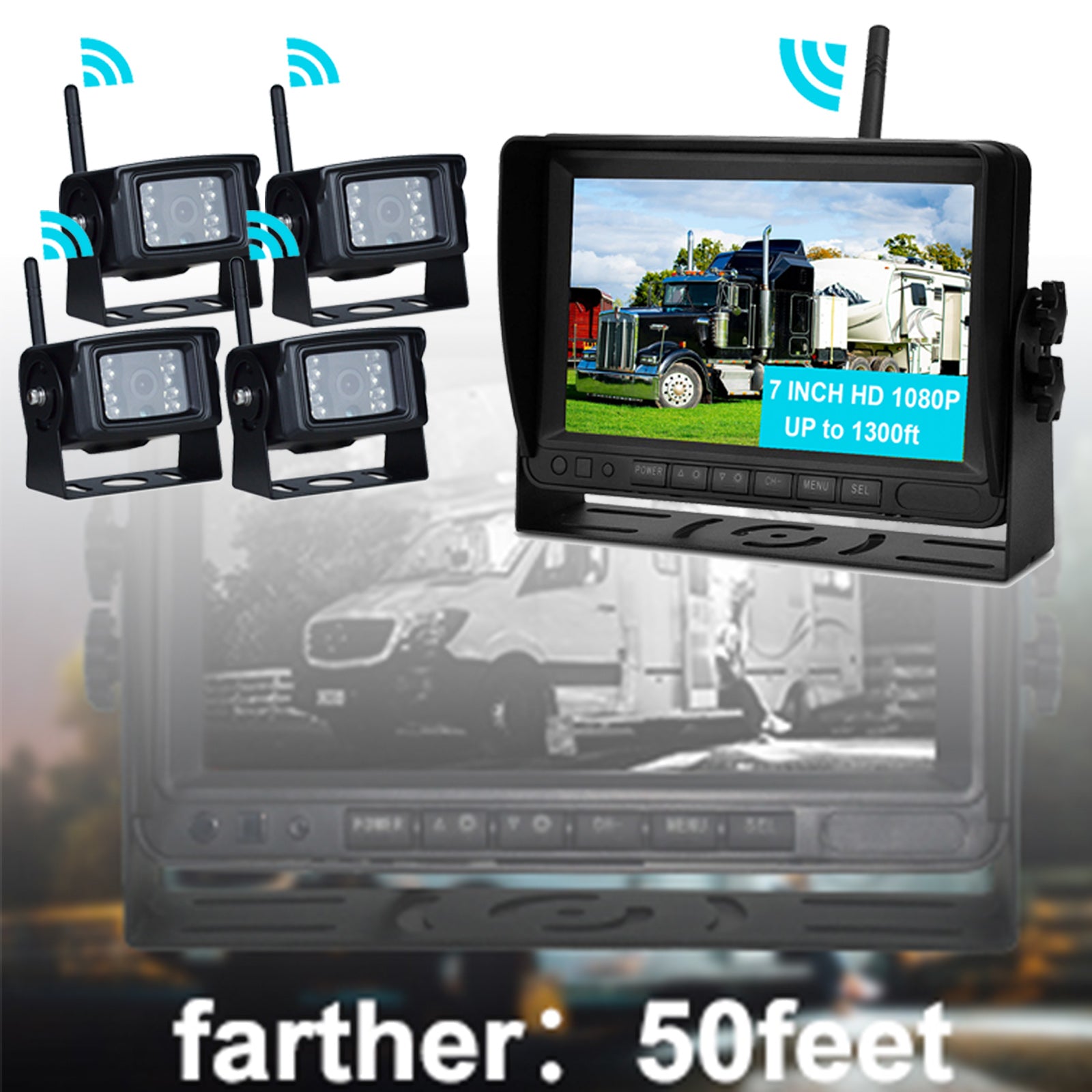 7" Display AHD 1080P Wireless 4CH Rear View Backup Camera Kit for Truck Trailer