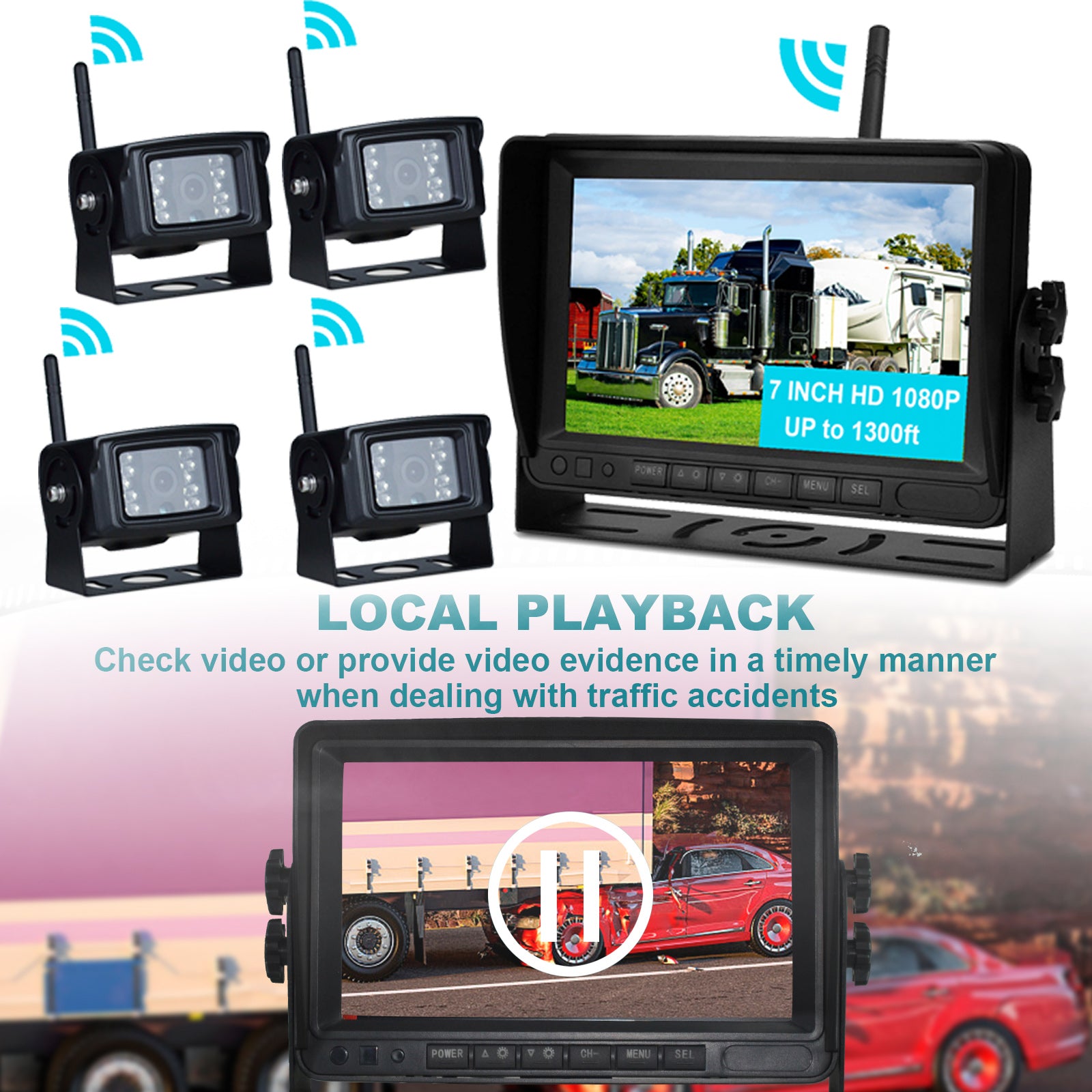 7" Display AHD 1080P Wireless 4CH Rear View Backup Camera Kit for Truck Trailer