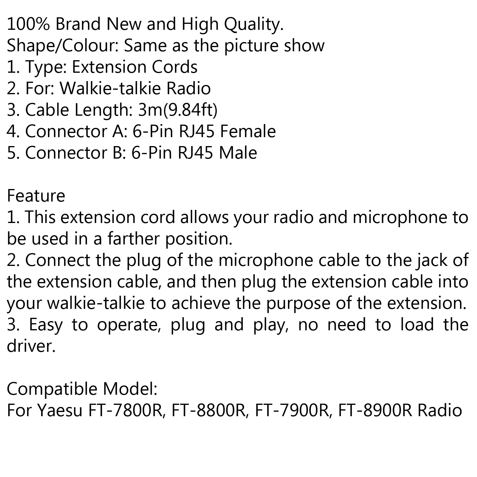 3m 6-Pin Hand Mic Extension Cords For Yaesu Radio FT-7900R FT-8900R 9.8ft