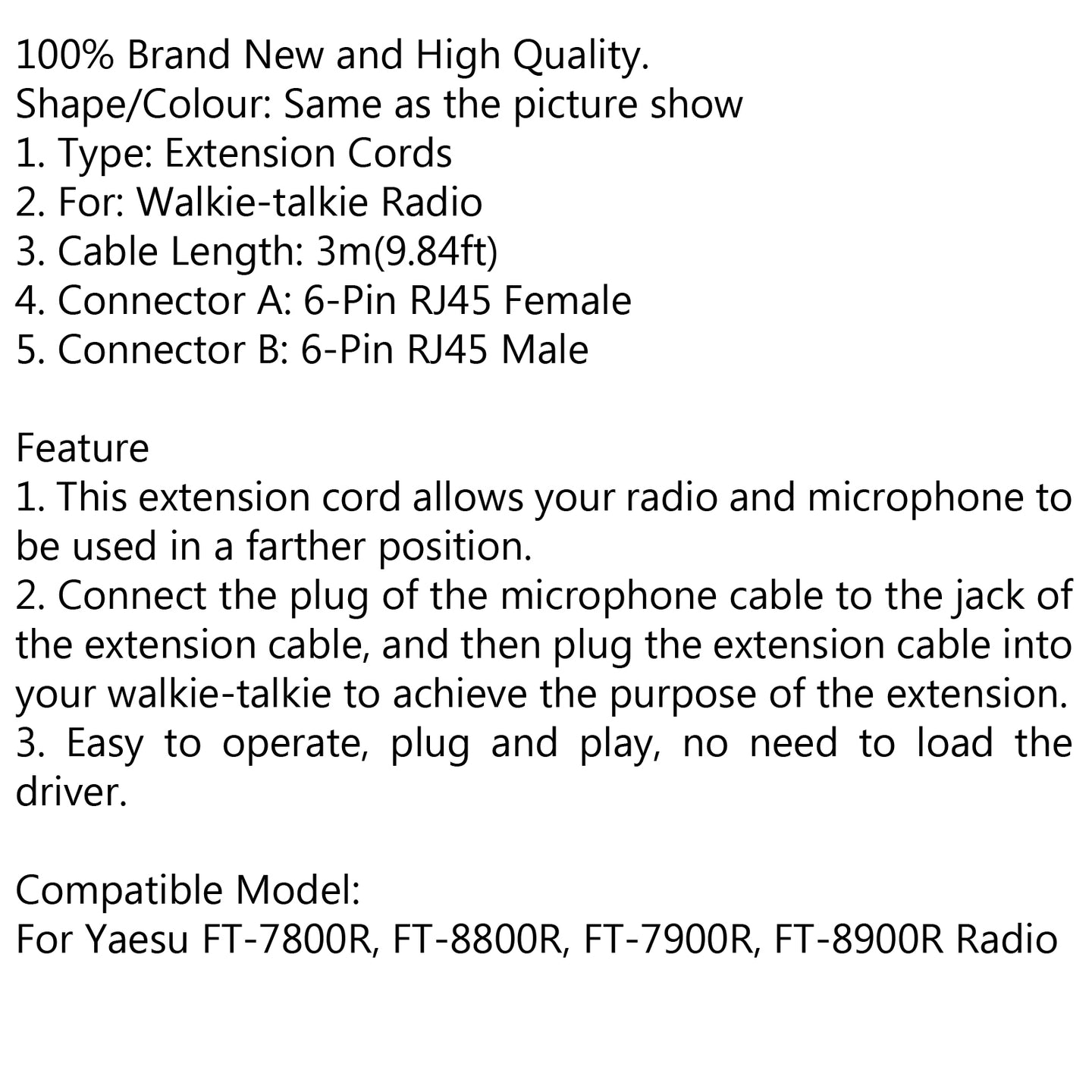 3m 6-Pin Hand Mic Extension Cords For Yaesu Radio FT-7900R FT-8900R 9.8ft