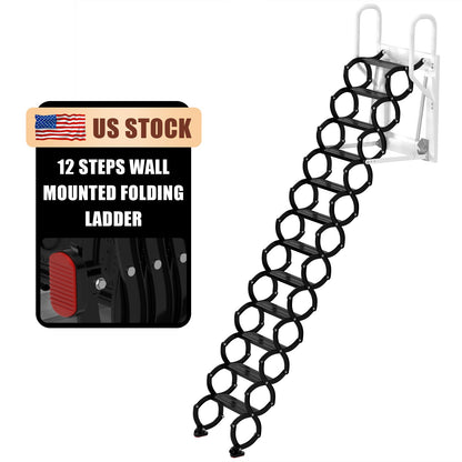 12-Step Folding Attic Ladder for 27.6" x 23.6" Wall Opening, 600 lbs Capacity Pull-Down Loft Stairs, up to 9.84ft Ceiling Height (Black)