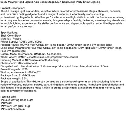 6 LED Moving Head Light – 3-Axis Beam DMX Stage Spot for DJ, Disco, Party & Show Lighting