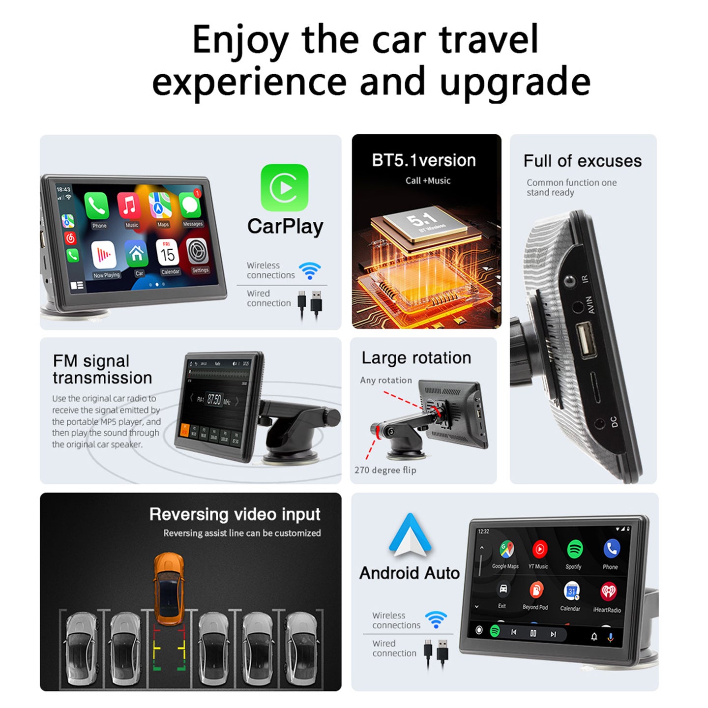7inch Portable Wireless Carplay Car MP5 Player Bluetooth Stereo Radio 4 LED Camera